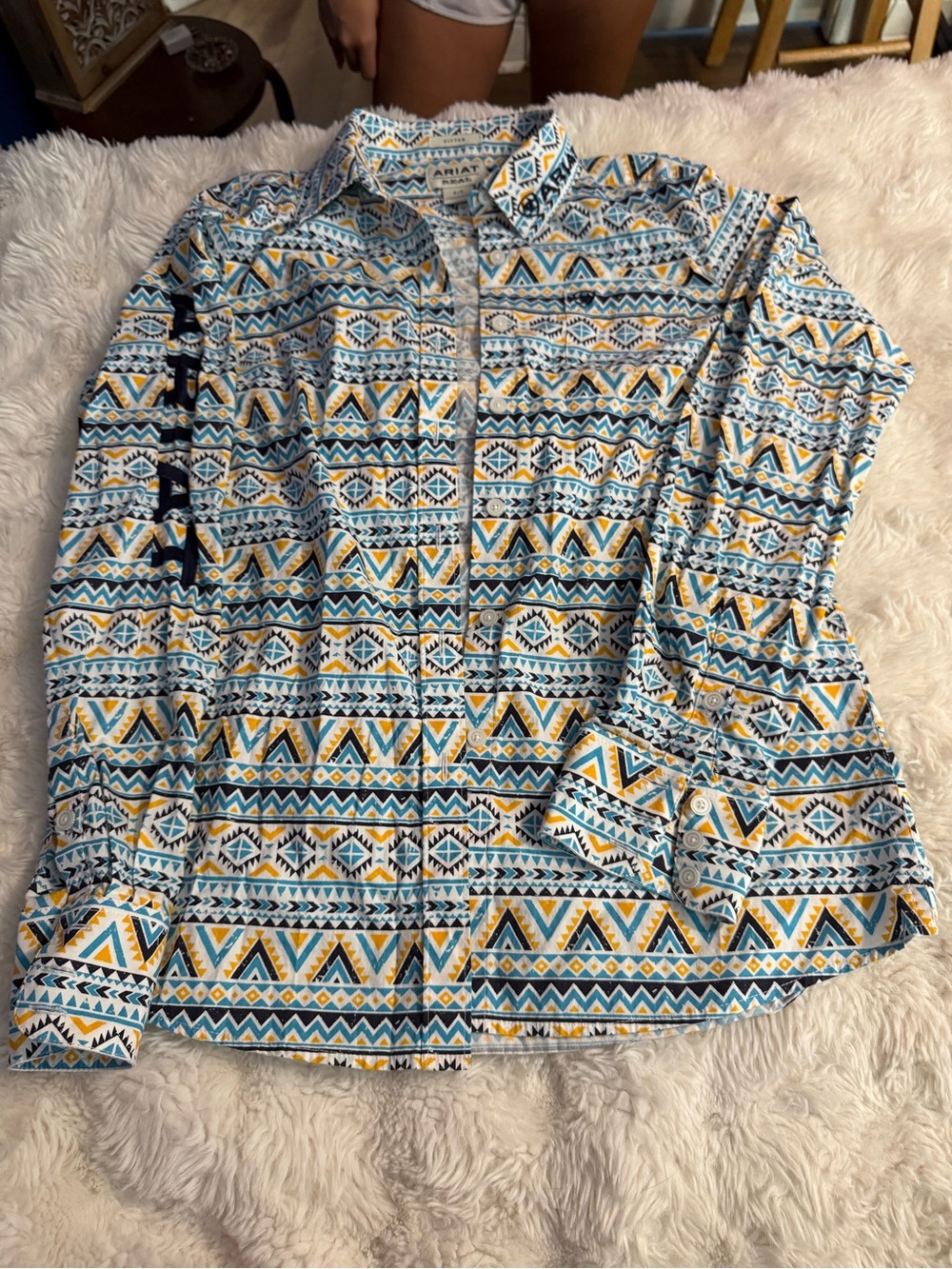 Ariat Men's Geometric Print Shirt Jacket in Blue, Yellow & White